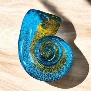 Blue and Yellow Handmade Dichroic Glass Art Shell Pendant